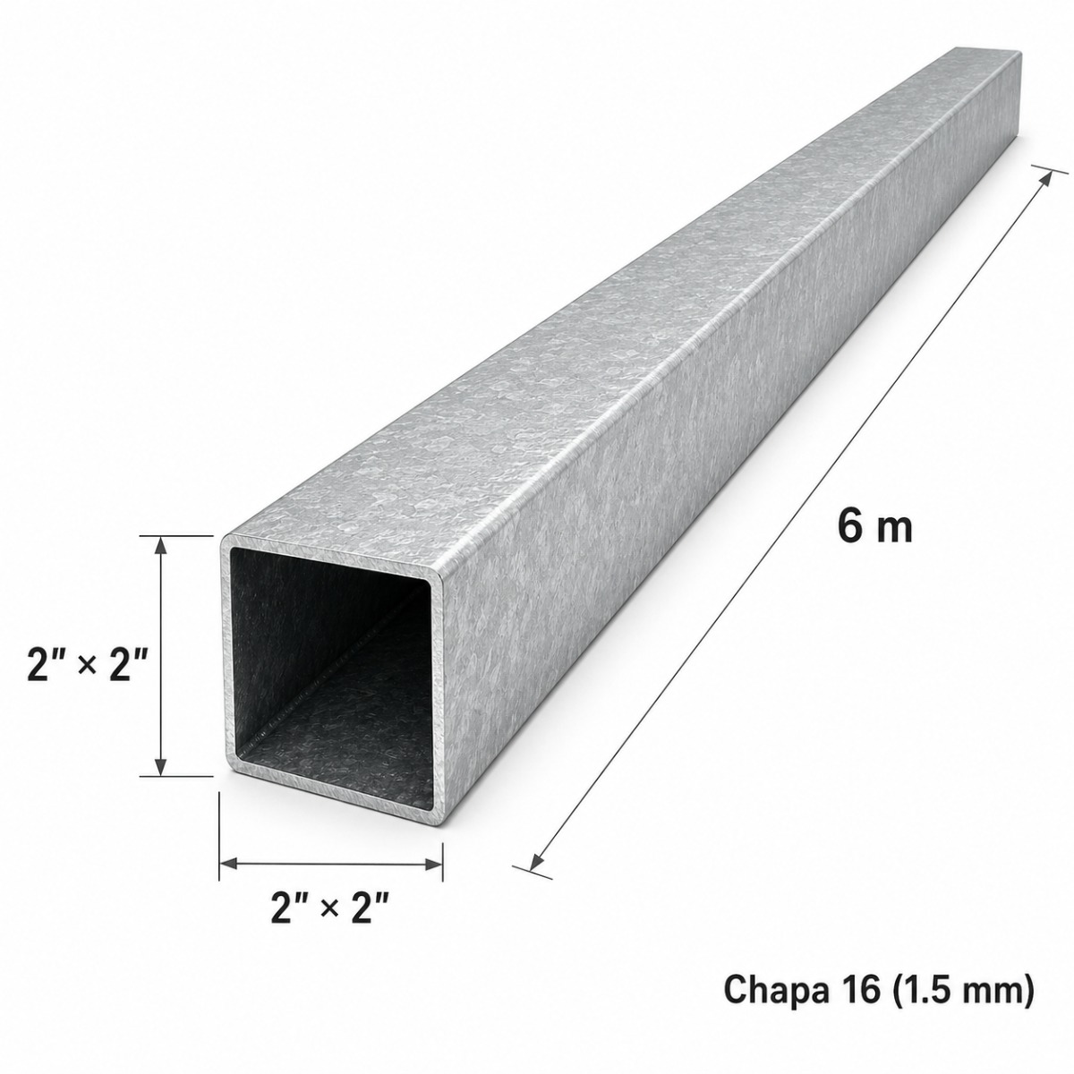Tubo cuadrado 2"×2" — Tubo completo (6m) — Galvanizado